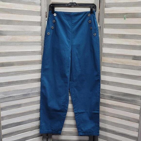 Teal High-Waisted Trousers with Button Detail | House of Aama | Small - Picture 1 of 12
